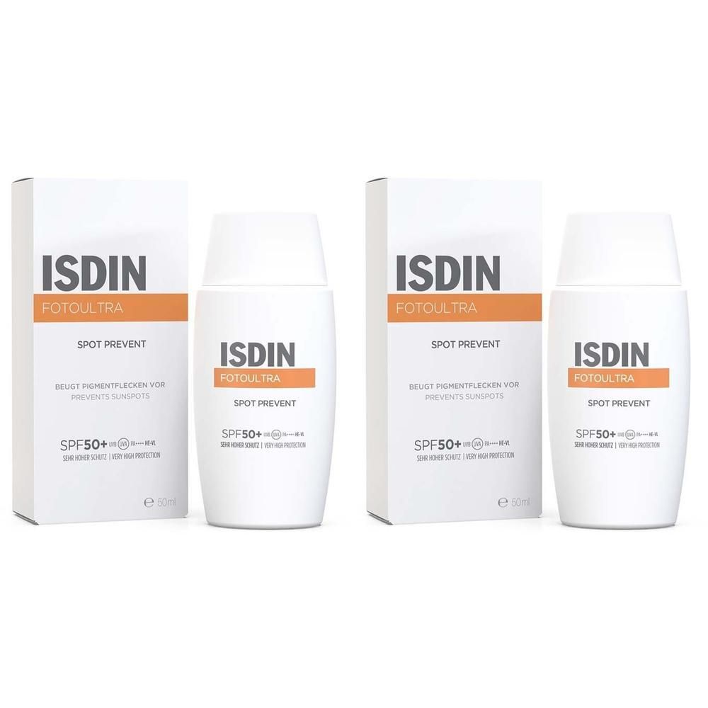 Zwei Flaschen ISDIN FotoUltra Spot Prevent Fusion Fluid 2x mit Verpackung. Weiße Flaschen mit orangefarbenem Streifen und Text.