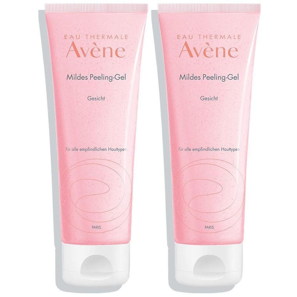 Zwei rosa Tuben AVENE mildes Peeling Gel. Weiße Deckel, Schriftzug und Produktname. Für empfindliche Hauttypen.