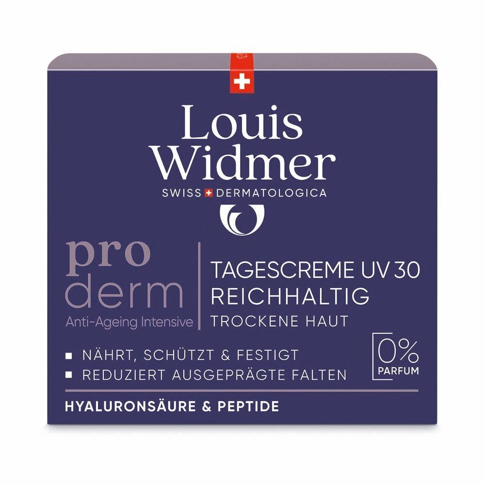 Verpackung mit Aufschrift: Louis Widmer, pro derm, Tagescreme UV 30 reichhaltig, trockene Haut. Mit 0% Parfum.