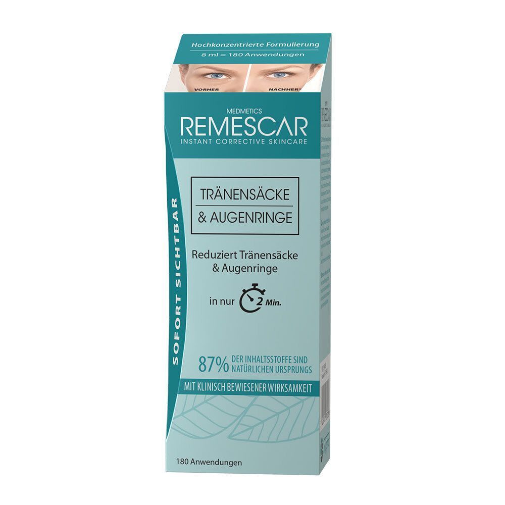 Schachtel REMESCAR Tränensäcke & Augenringe Augencreme. Grüne Schachtel mit Produktinformationen und Abbildung von Augen.