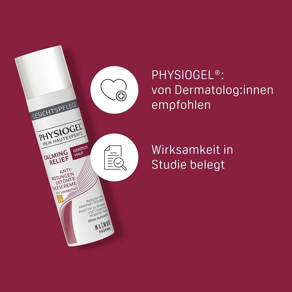Weiße Flasche mit Sprühkopf. Aufschrift: PHYSIOGEL Calming Relief. Rotes Etikett. Text: von Dermatologen empfohlen, Wirksamkeit in Studie belegt.