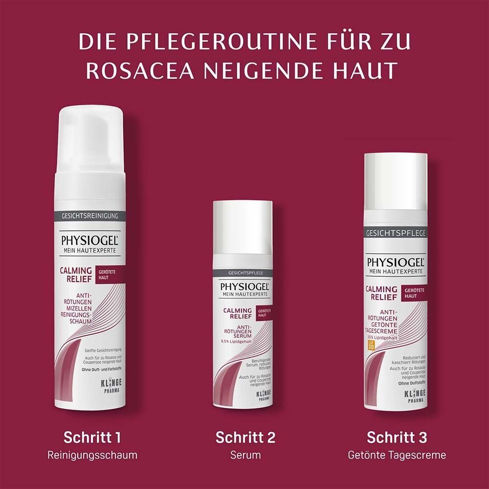 Drei Flaschen. PHYSIOGEL Calming Relief. Schritt 1: Reinigungsschaum. Schritt 2: Serum. Schritt 3: Getönte Tagescreme. Aufschrift: Für Rosacea-Haut.