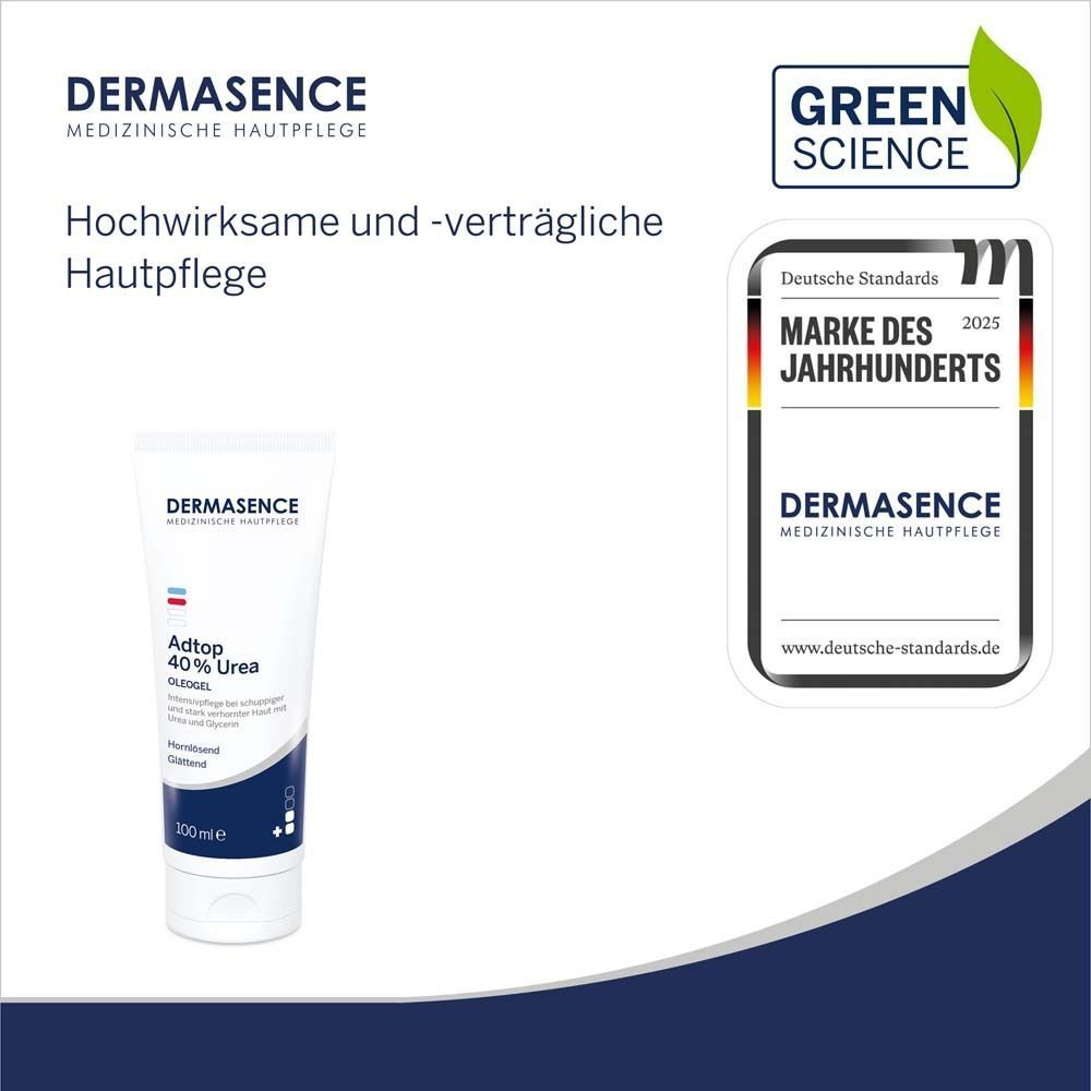 DERMASENCE Adtop 40% Urea Oleogel Tube. Logo, Text: Marke des Jahrhunderts. Green Science Logo.