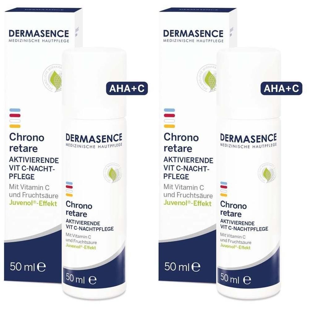 Zwei Flaschen Nachtpflege mit weißem Spender und Kartonverpackung. Aufschrift: Chrono retare, aktivierende VIT C-Nachtpflege. AHA+C.