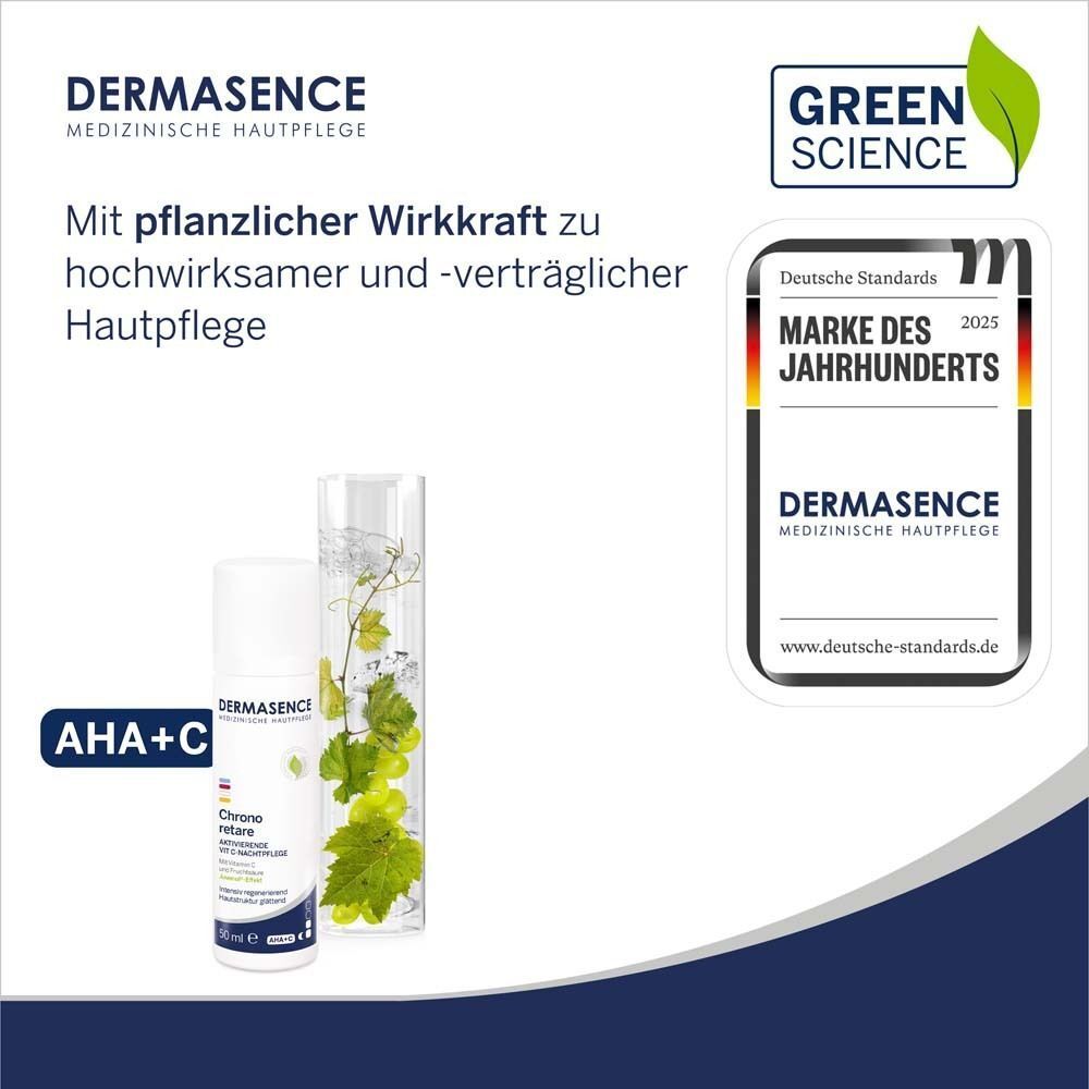 Nachtpflege-Flasche mit grüner Pflanze in Glas. Logo und Text: DERMASENCE. Auszeichnung: Marke des Jahrhunderts 2025. AHA+C.