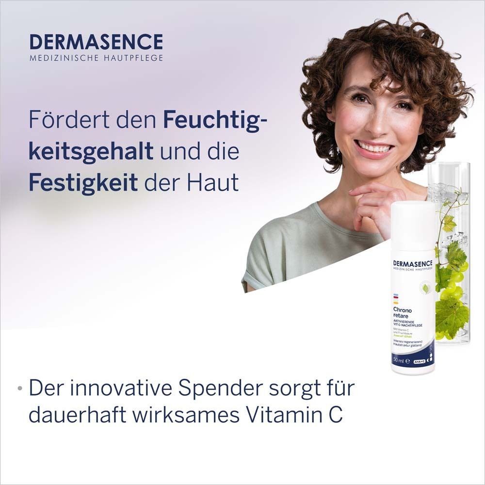Frau mit Nachtpflege-Flasche und Glas mit grüner Pflanze. Logo: DERMASENCE. Text: Fördert den Feuchtigkeitsgehalt und die Festigkeit der Haut.