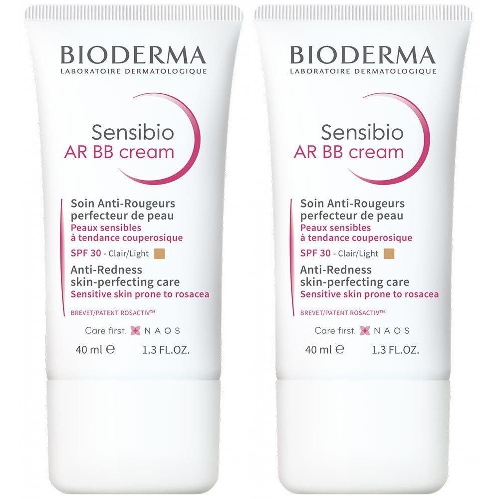 Zwei Tuben BIODERMA Sensibio AR BB cream. Weiß, mit roter Schrift und Aufdrucken. Enthält 40 ml.