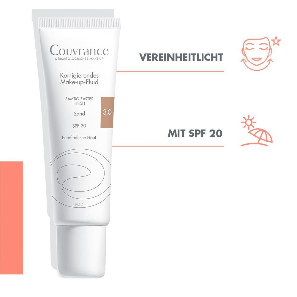 Tube Couvrance Make-up Fluid Sand 3.0. Text: Korrigierendes Make-up-Fluid, SPF 20. Zusätzliche Texte: Vereinheitlicht, Mit SPF 20.