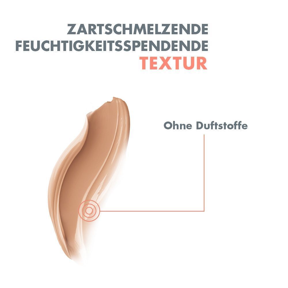 Make-up-Abdruck in Sandfarbe. Text: Zartschmelzende, feuchtigkeitsspendende Textur. Zusätzlicher Text: Ohne Duftstoffe.