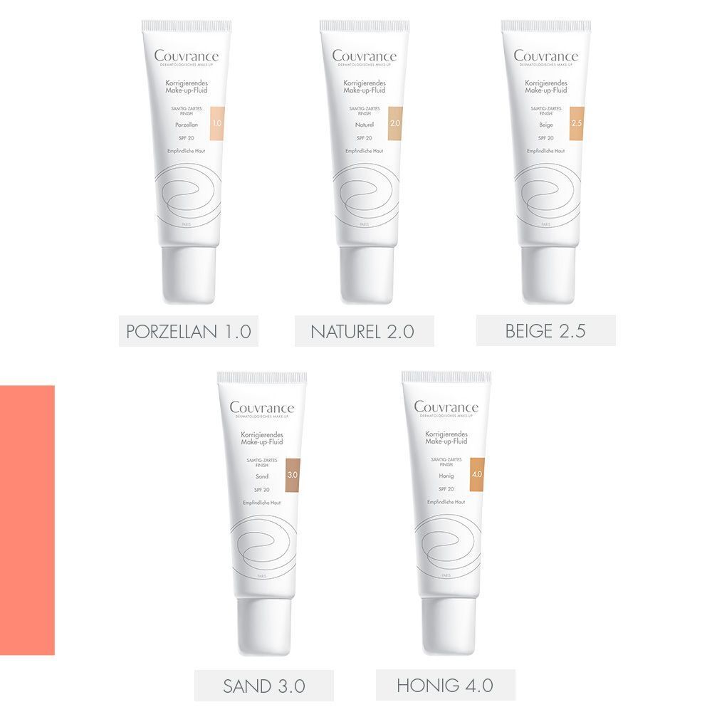 Fünf Tuben Couvrance Make-up Fluid. Farben: Porzellan 1.0, Naturel 2.0, Beige 2.5, Sand 3.0, Honig 4.0. Text: Korrigierendes Make-up-Fluid, SPF 20.