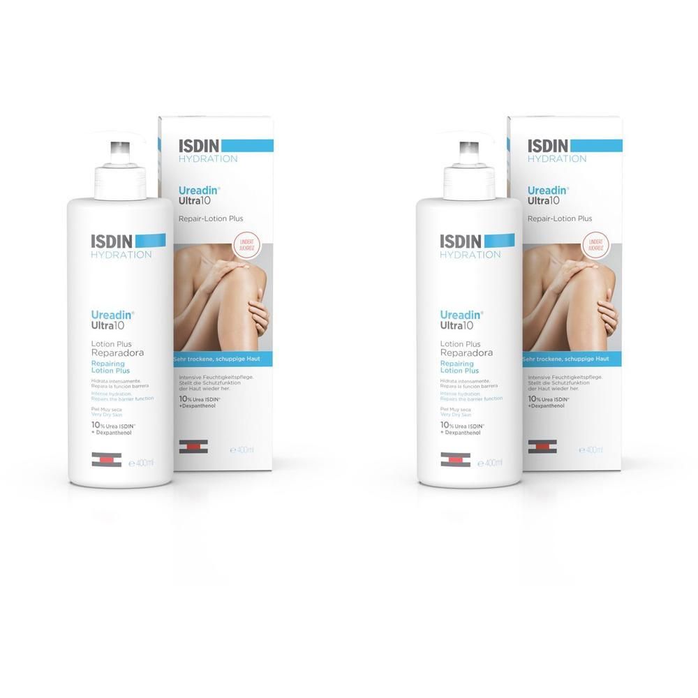 Zwei Flaschen ISDIN Ureadin Ultra 10 Repair-Lotion Plus mit Verpackung. Weiße Flaschen mit blau-weißer Beschriftung. Aufdruck: Ureadin Ultra 10.