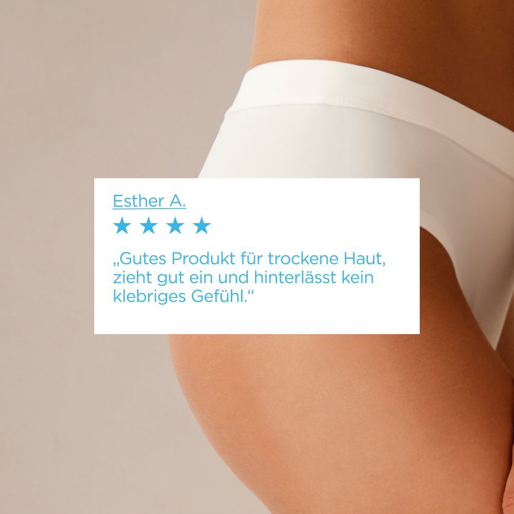 Textbox mit 5-Sterne-Bewertung. Zitat: „Gutes Produkt für trockene Haut, zieht gut ein und hinterlässt kein klebriges Gefühl.“