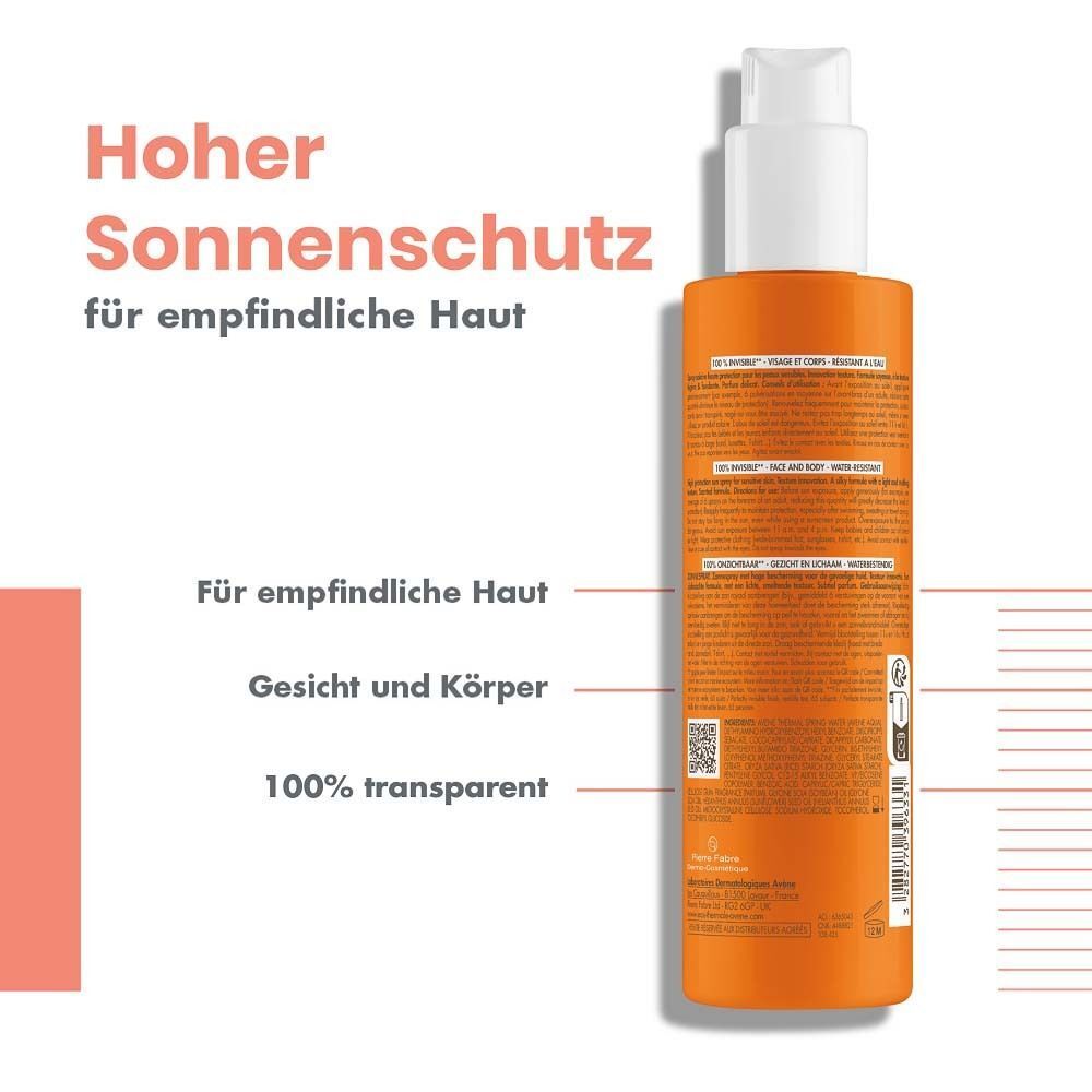 Rückseite der AVENE Sonnenspray SPF 50 Flasche. Text: Hoher Sonnenschutz für empfindliche Haut, für empfindliche Haut, Gesicht und Körper, 100% transparent.