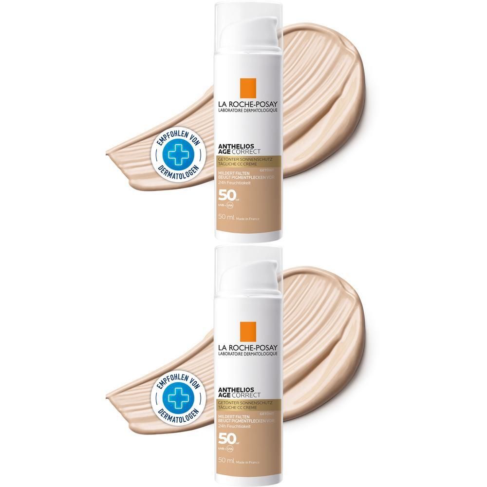 Zwei Flaschen ROCHE-POSAY Anthelios Age Correct getön.Cre.LSF 50, mit Produkt-Swatches und Dermatologen-Empfehlung.