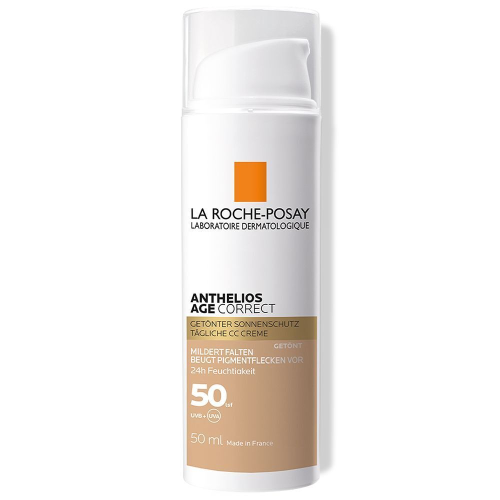 ROCHE-POSAY Anthelios Age Correct getönte CC Creme, LSF 50. Weiße Flasche mit orangefarbenem Logo und Produktinformationen.