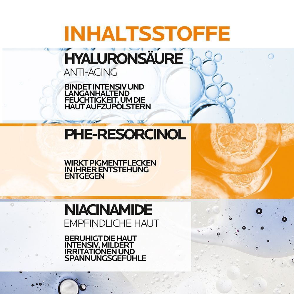 Inhaltsstoffe: Hyaluronsäure, Phe-Resorcinol, Niacinamid. Grafische Darstellung der Inhaltsstoffe und ihrer Wirkung.