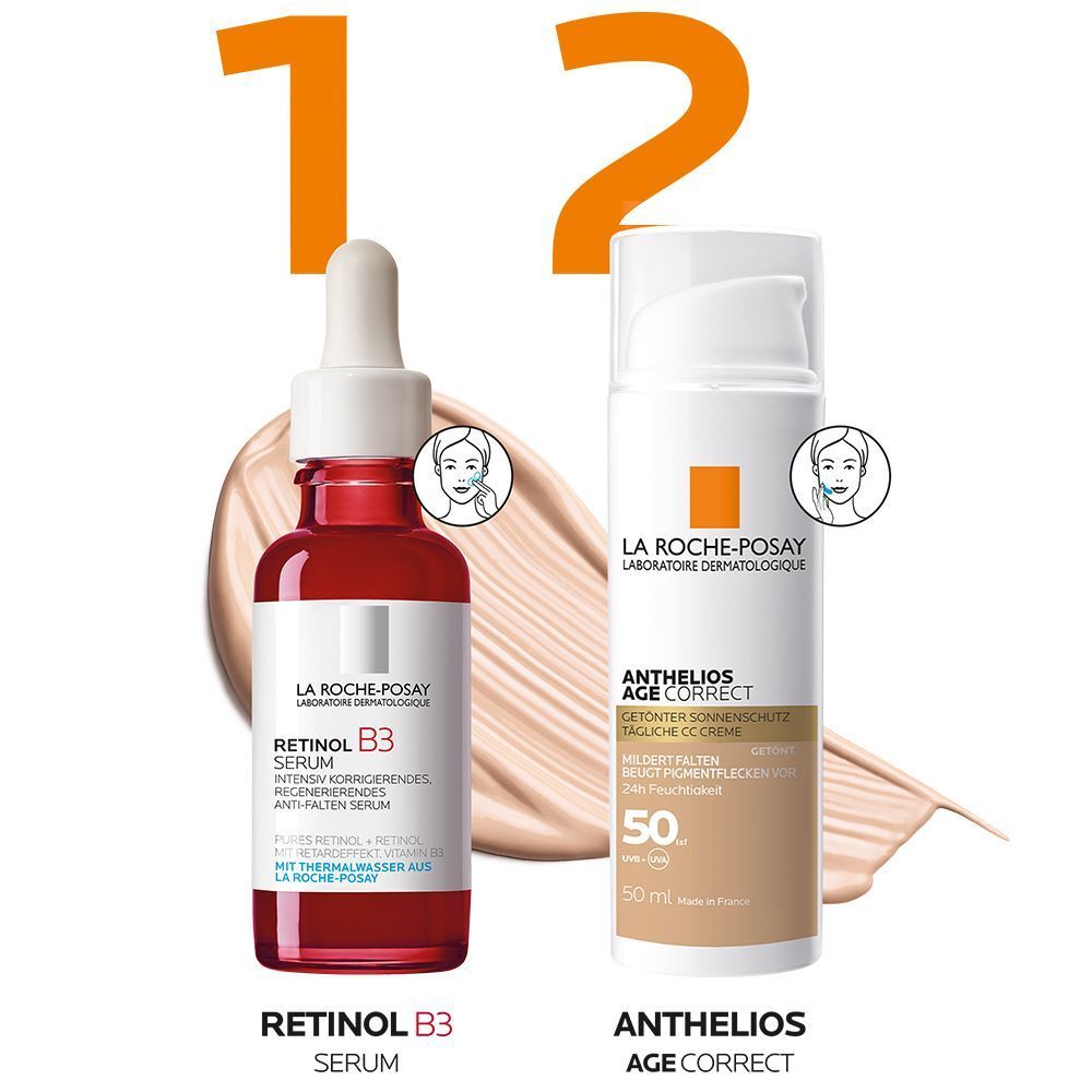 Vergleich von Retinol B3 Serum und Anthelios Age Correct. Beide Produkte werden nebeneinander dargestellt.