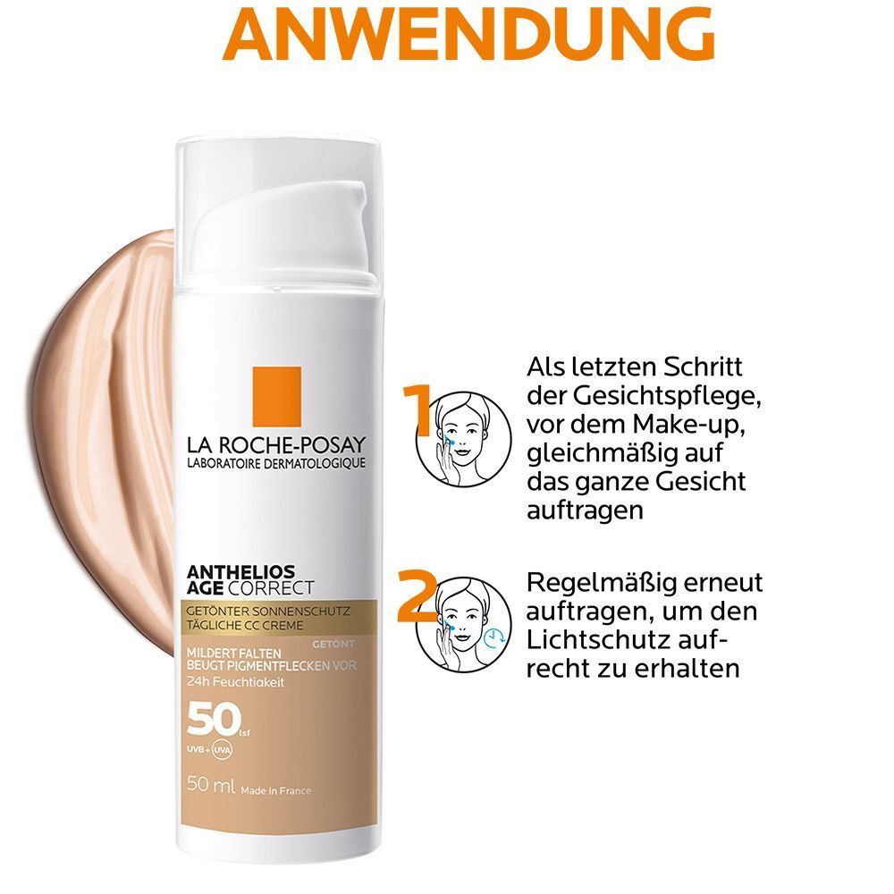 Anwendung von Anthelios Age Correct: Als letzten Schritt der Gesichtspflege auftragen, regelmäßig erneuern.