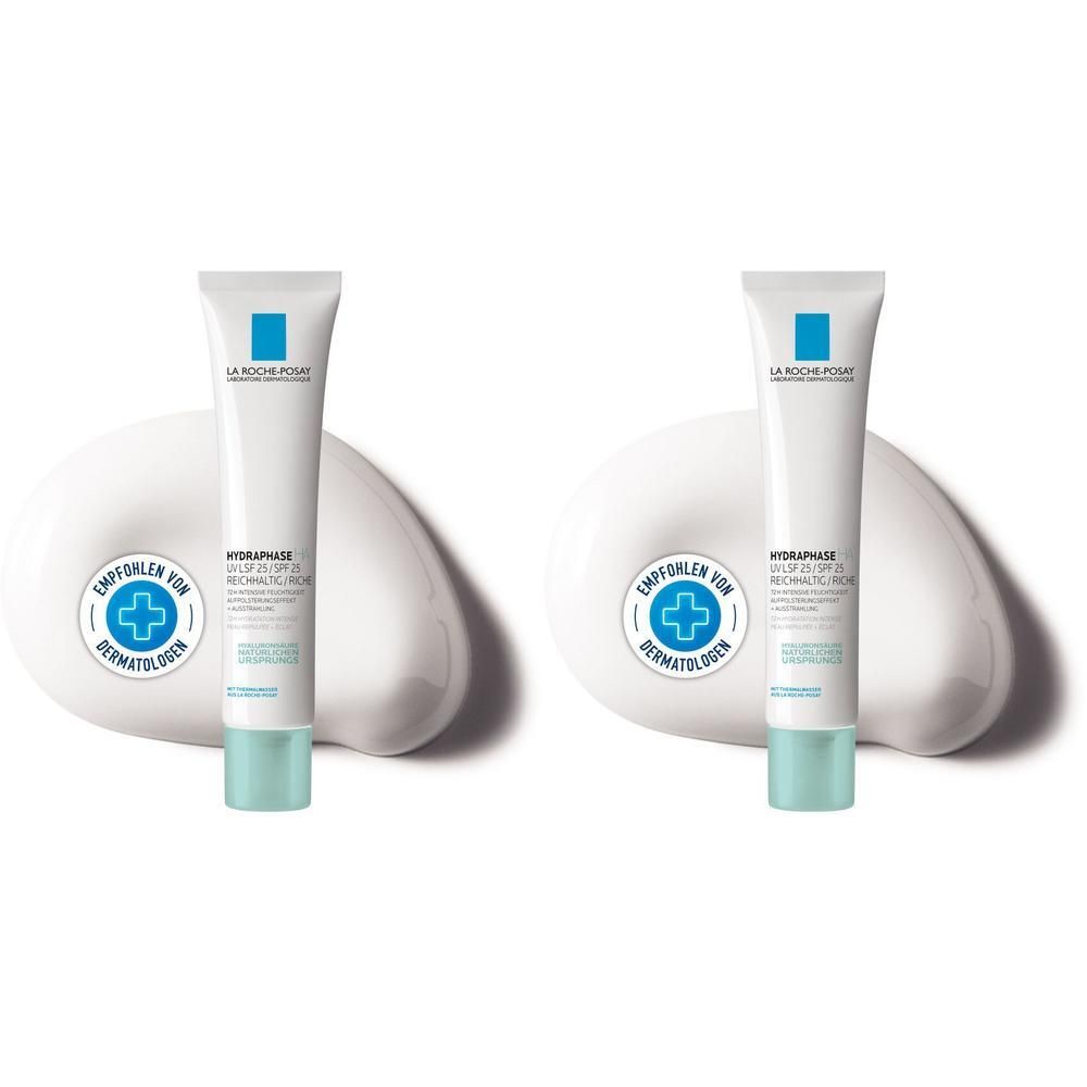 Zwei Tuben Creme mit blauem Deckel und Logo, auf weißem Untergrund. Empfohlen von Dermatologen.