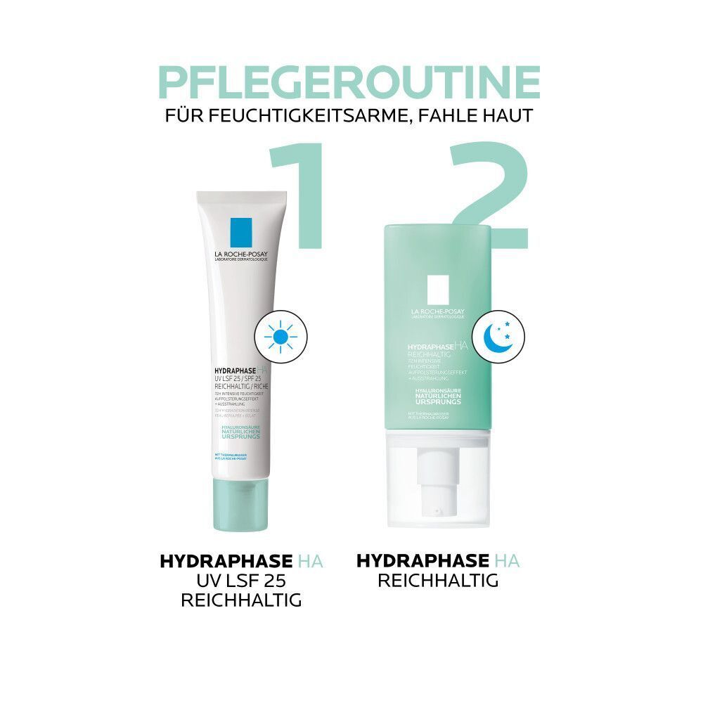 Zwei Tuben Creme mit Text: Hydraphase HA UV LSF 25 und Hydraphase HA Reichhaltig.