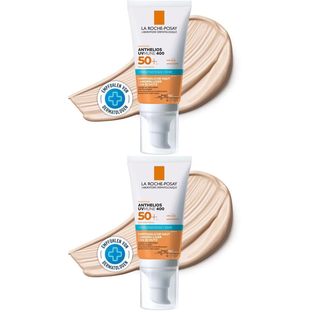 Zwei Tuben ROCHE-POSAY Anthelios hydratis.Cre.getönt LSF 50+ mit Creme-Abstrich. Empfohlen von Dermatologen.