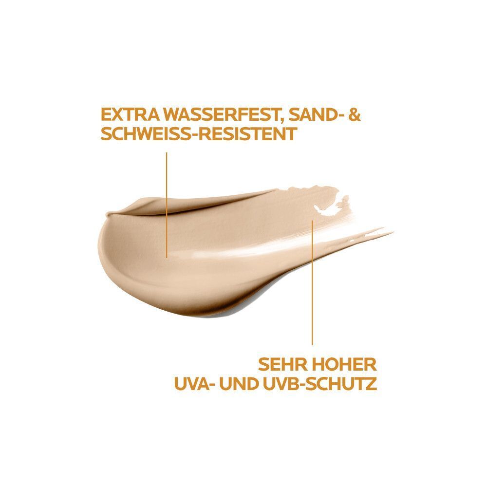 Creme-Abstrich. Extra wasserfest, sand- und schweißresistent. Sehr hoher UVA- und UVB-Schutz.