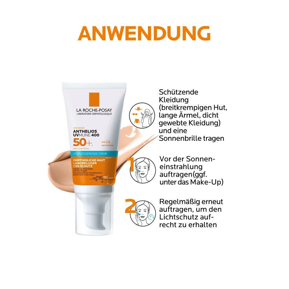 Anwendung: Schützende Kleidung, Sonneneinstrahlung vermeiden, regelmäßig auftragen. ROCHE-POSAY Anthelios.