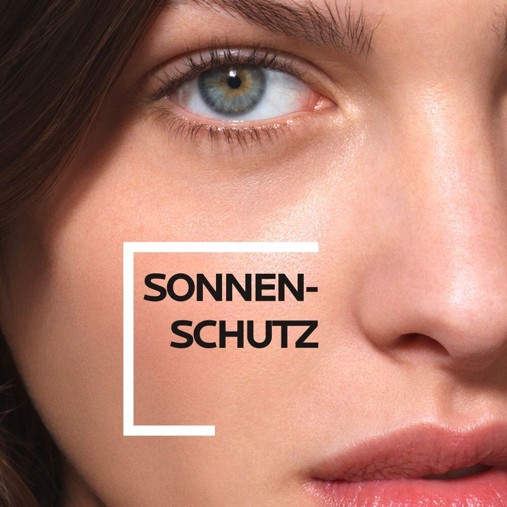 Gesicht einer Frau mit dem Text Sonnenschutz. Haut mit getönter Creme.