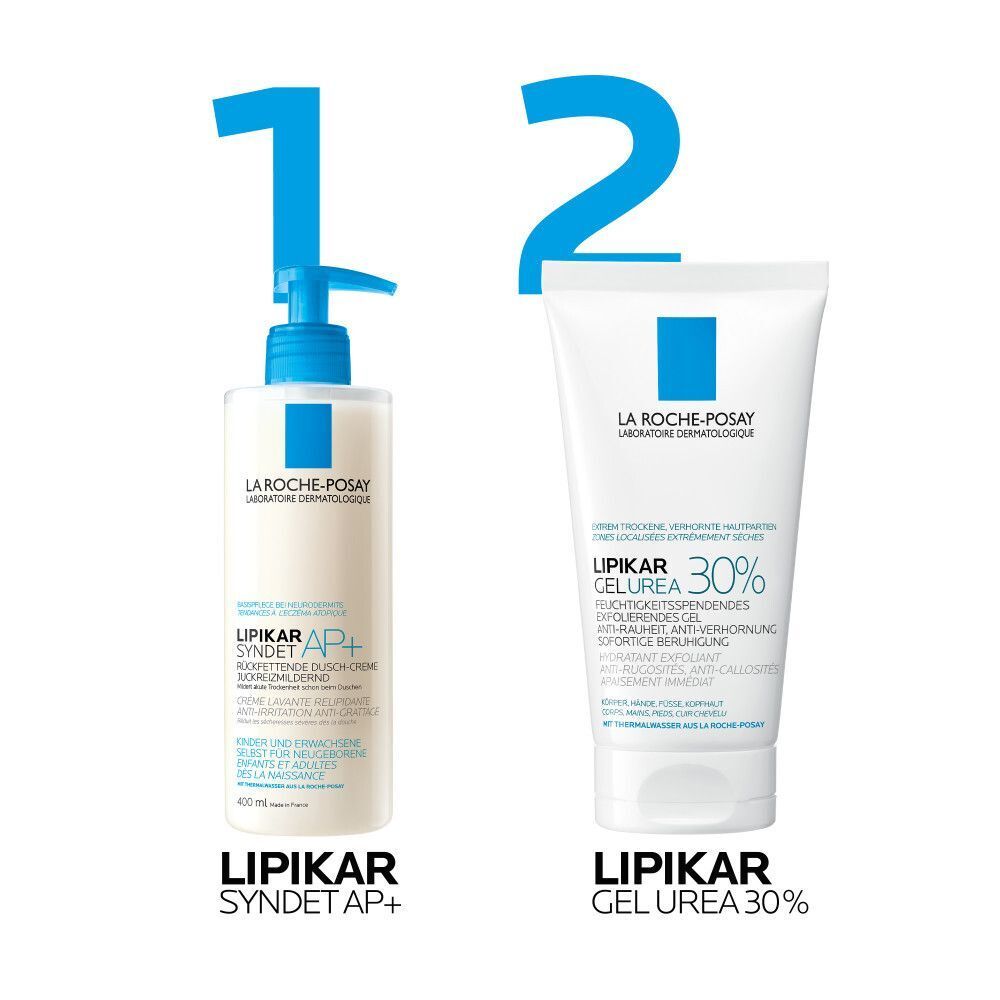 Zwei Produkte: La Roche-Posay Lipikar Syndet AP+ und La Roche-Posay Lipikar Gel Urea 30%.