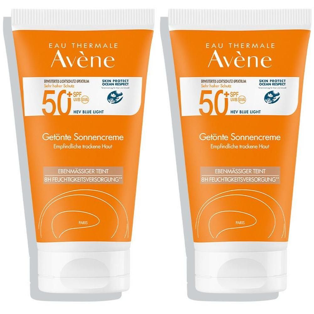 Zwei Tuben getönter Sonnencreme SPF 50+ von AVENE. Orangefarbene Tuben mit weißem Verschluss. Text: 'Getönte Sonnencreme'.