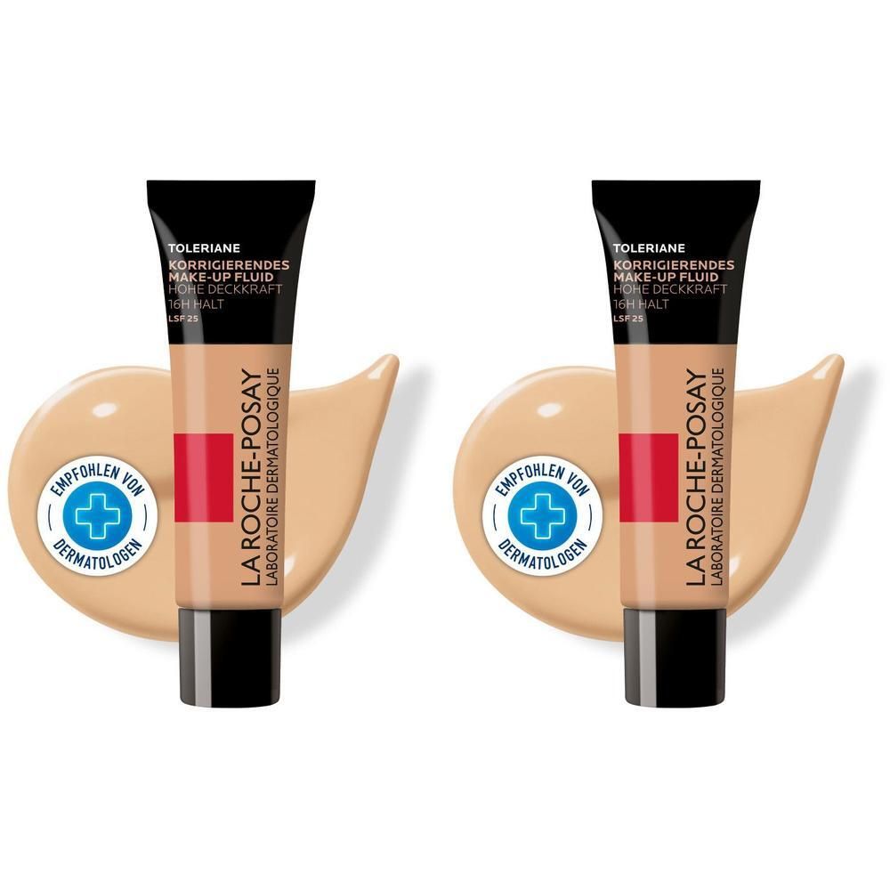Zwei Tuben Make-up-Fluid, Marke La Roche-Posay, Farbton Nr. 10. Mit Aufdrucken und dermatologischem Siegel.