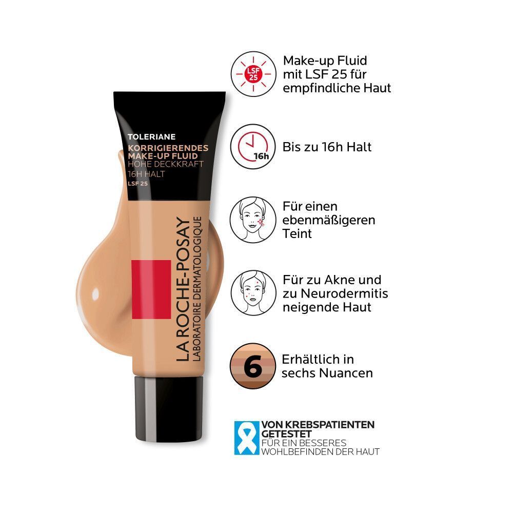 Tube Make-up-Fluid La Roche-Posay. Merkmale: LSF 25, bis zu 16h Halt, für Akne und Neurodermitis. Erhältlich in 6 Nuancen.