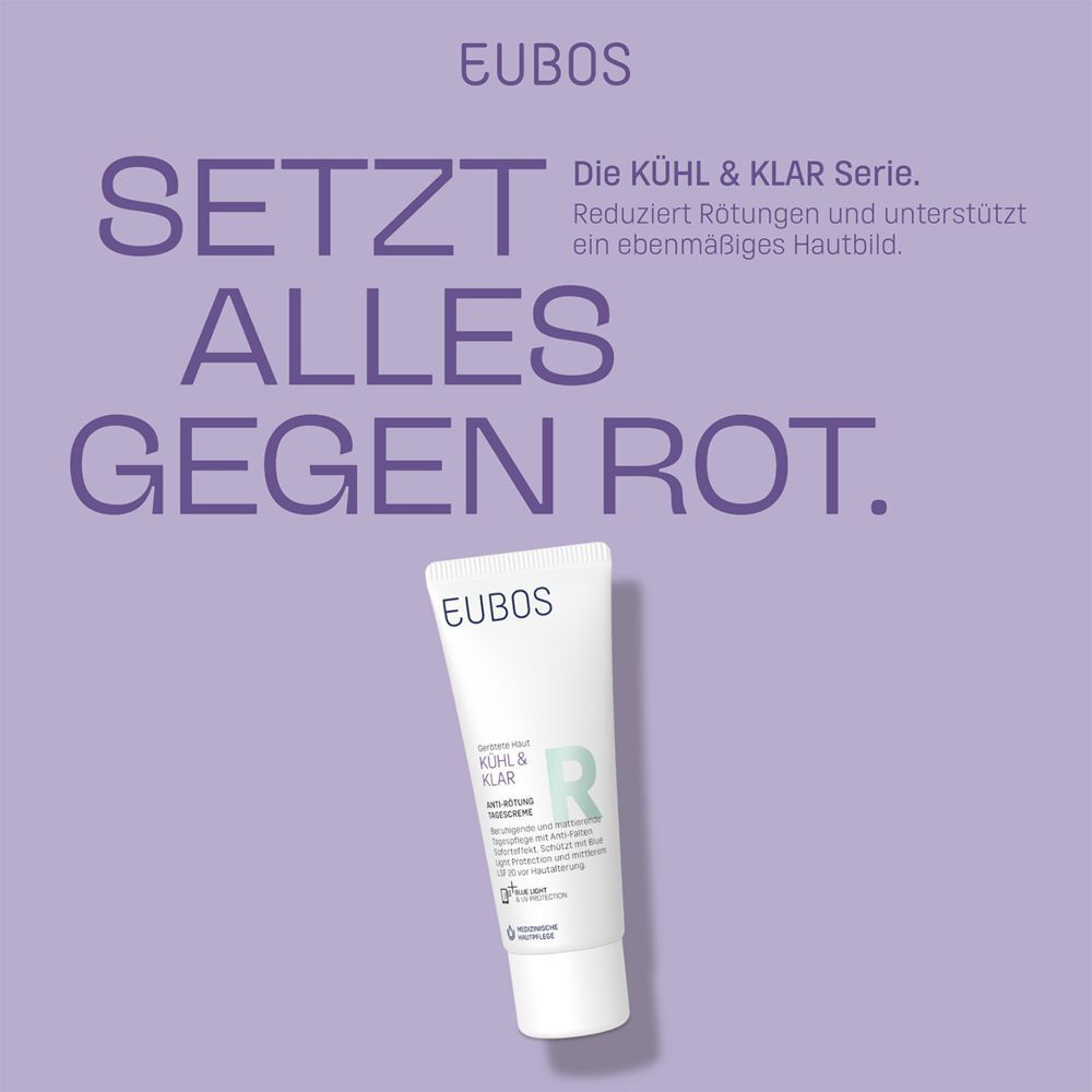EUBOS KÜHL & KLAR Anti-Rötung Tagescreme. Text: Setzt alles gegen Rot. Creme-Tube auf lila Hintergrund.