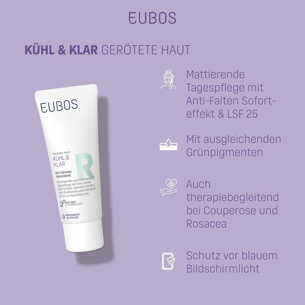 EUBOS KÜHL & KLAR Anti-Rötung Tagescreme. Text: Mattierende Tagespflege mit Anti-Falten-Effekt & LSF 25. Auf lila Hintergrund.