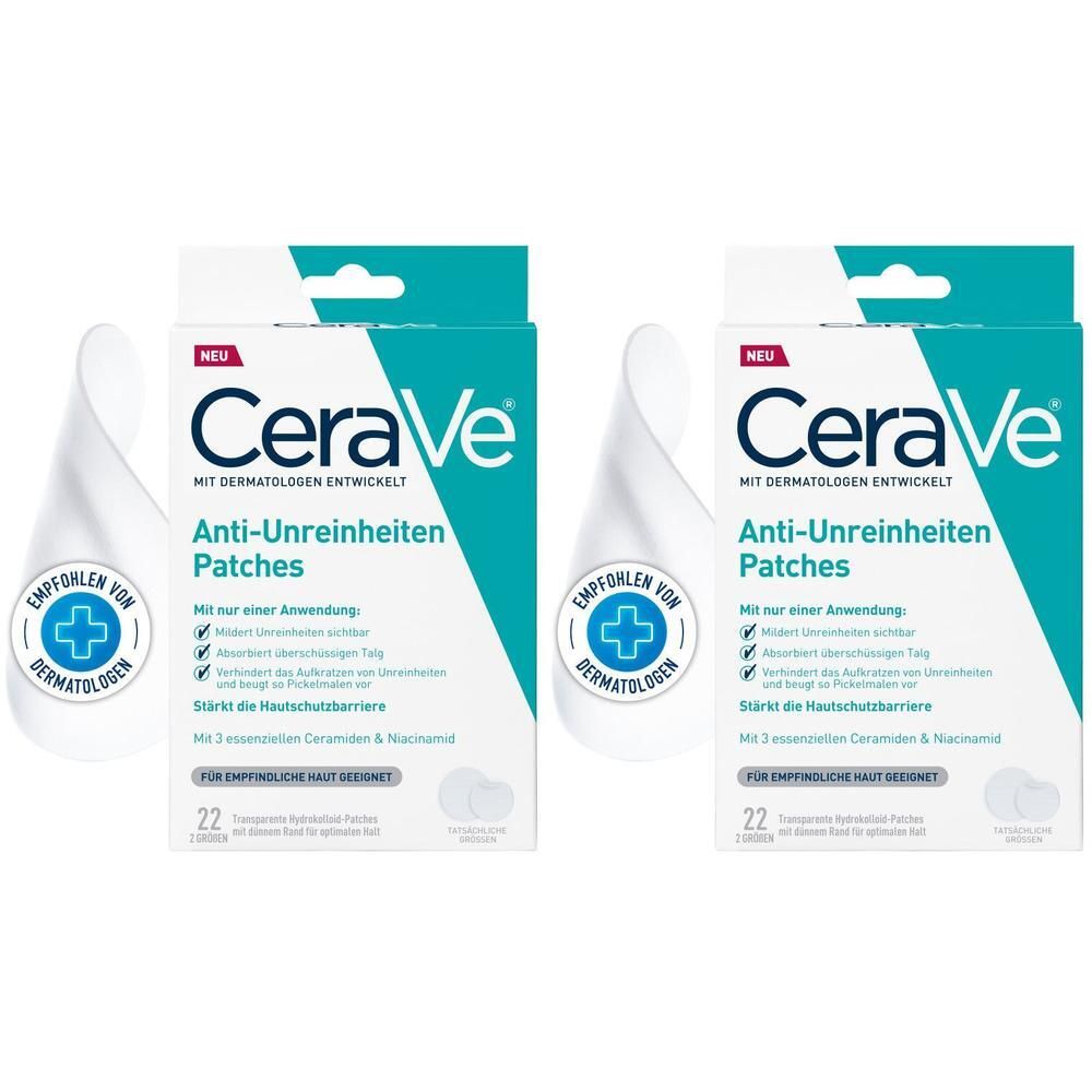 Zwei Packungen CeraVe Anti-Unreinheiten Patches. Jede Packung enthält 22 transparente Patches. Auf jeder Packung ist das CeraVe Logo abgebildet.