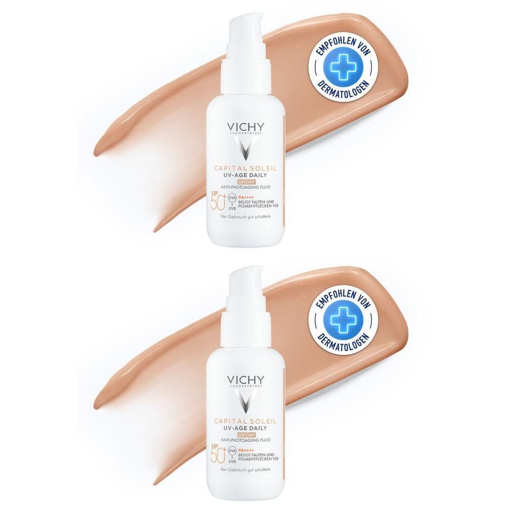 Zwei Flaschen VICHY CAPITAL Soleil UV-Age Daily LSF 50+ mit getönter Textur. Dermatologisch empfohlenes Produkt.