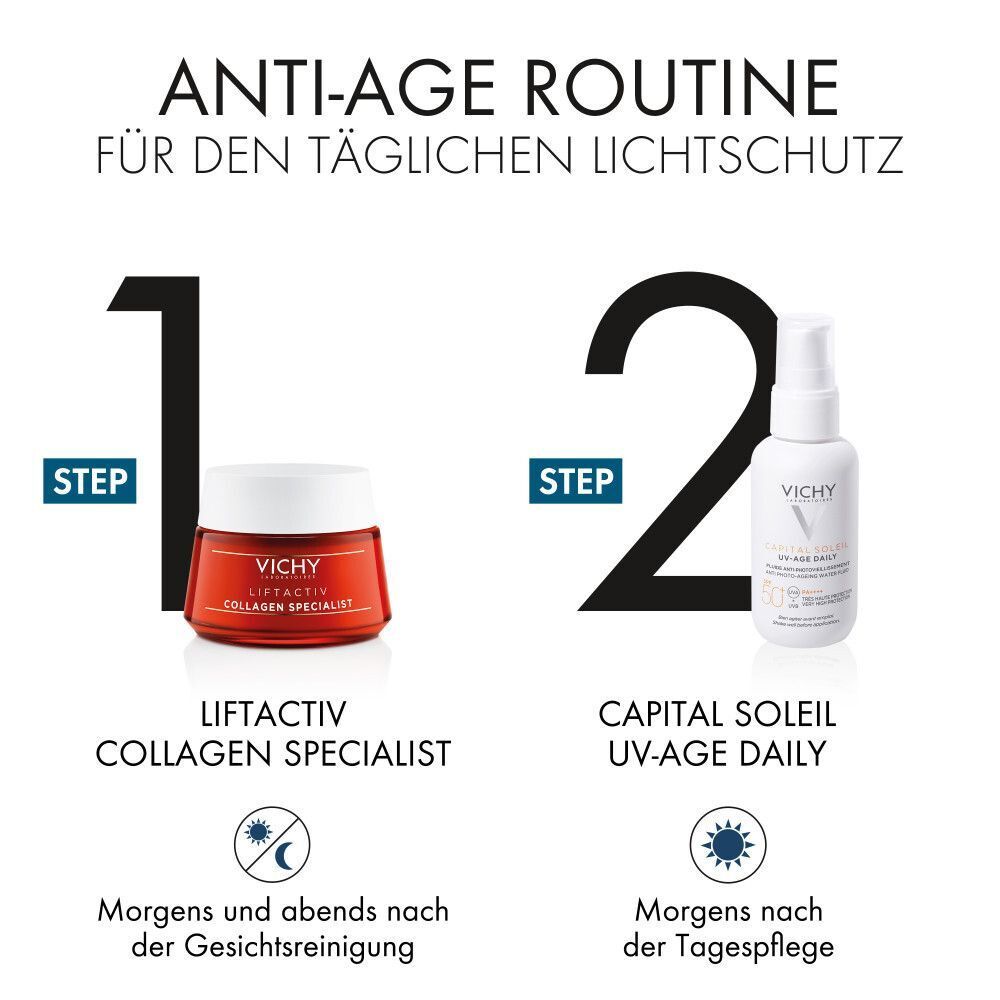Anti-Age Routine: Liftactiv Collagen Specialist und CAPITAL Soleil UV-Age Daily. Anwendung morgens und abends.