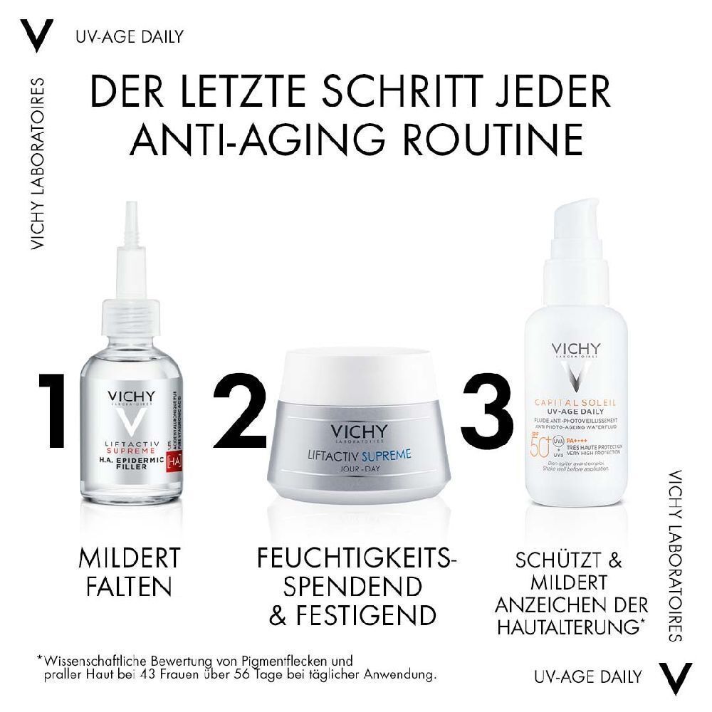 Drei Produkte in einer Anti-Aging-Routine: VICHY HA Filler, Liftactiv Supreme, und CAPITAL Soleil UV-Age Daily.