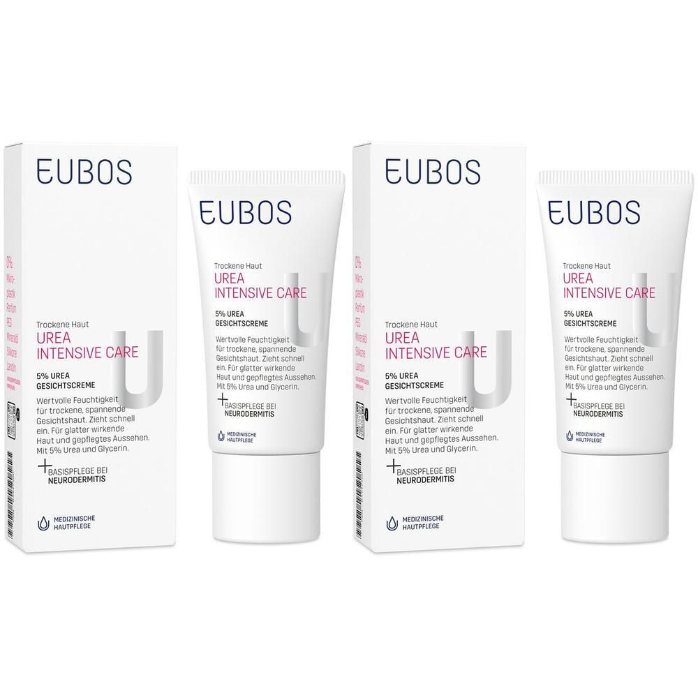 Mehrere Tuben und Verpackungen von EUBOS TROCKENE Haut Urea 5% Gesichtscreme. Weiße Tuben und Kartons mit Produktinformationen.