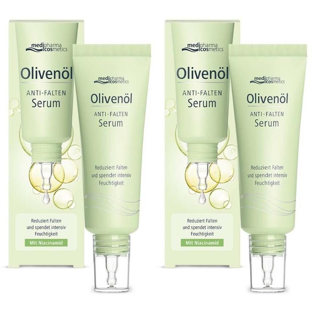 Zwei Tuben Olivenöl Anti-Falten Serum mit Verpackung. Hellgrüne Tuben mit weißer Schrift. Verpackung mit Produktbild und Logo.