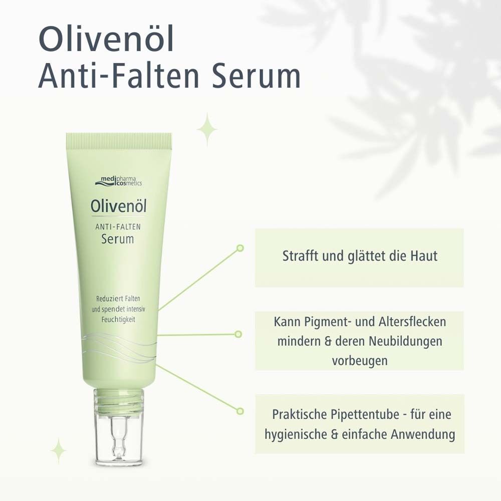 Tube Olivenöl Anti-Falten Serum. Hellgrüne Tube mit weißer Schrift. Text: Strafft und glättet die Haut. Praktische Pipettentube.