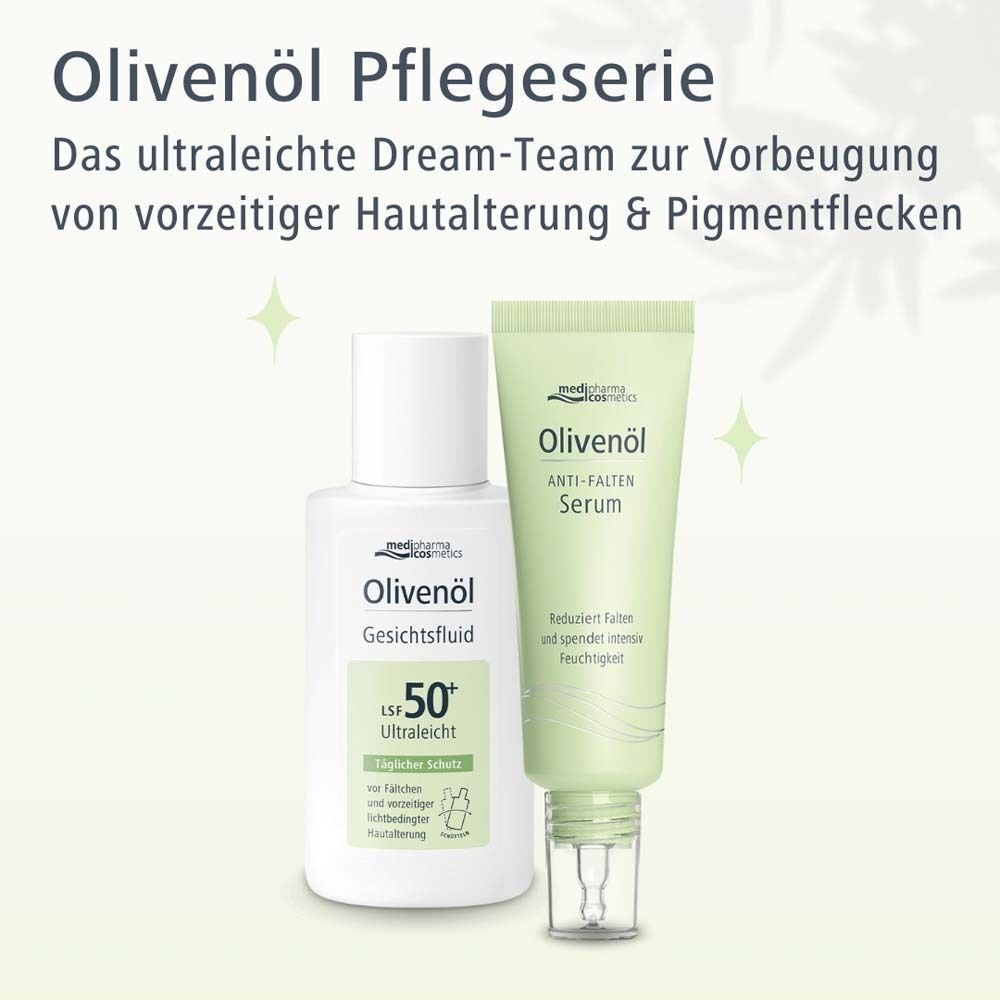 Olivenöl Pflegeserie. Eine Flasche Gesichtsfluid LSF 50 ultraleicht und eine Tube Olivenöl Anti-Falten Serum. Beide Produkte sind sichtbar.