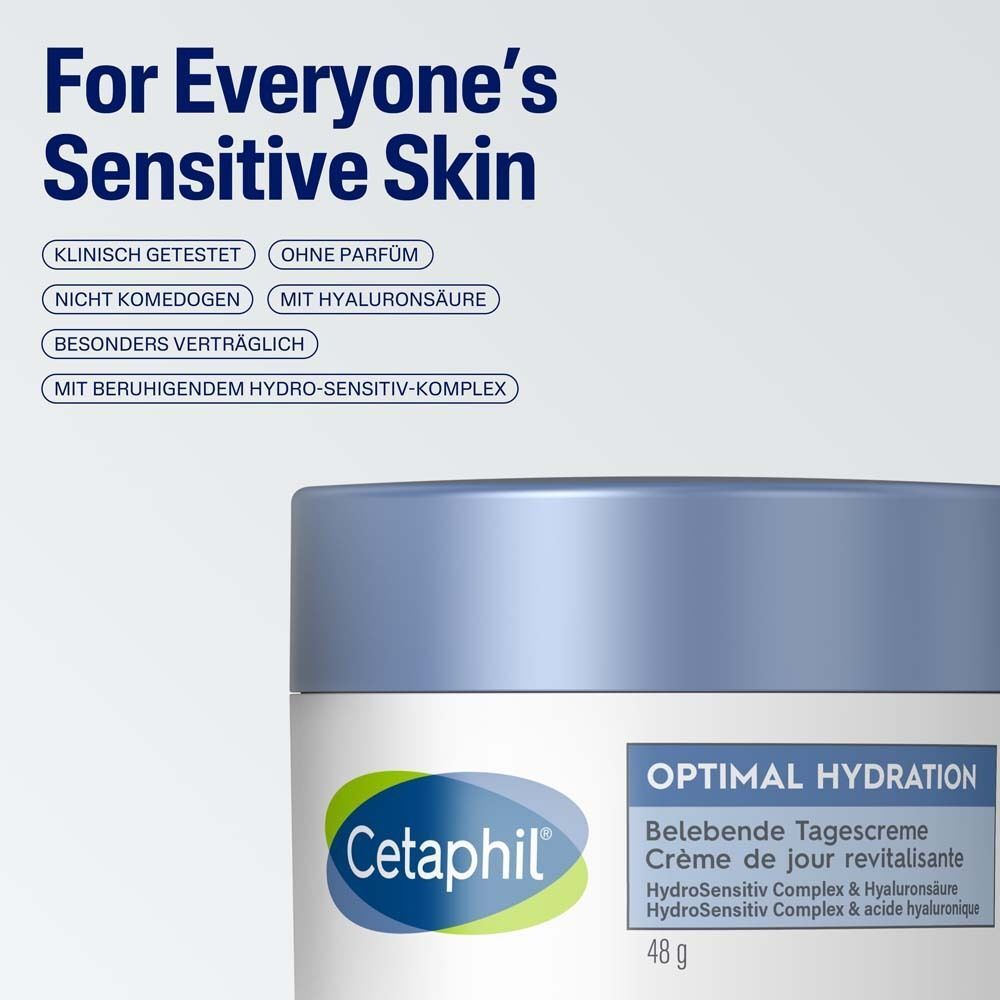 Produkt mit blauem Deckel. Text: Optimal Hydration, Belebende Tagescreme. Aufschrift: Für empfindliche Haut.