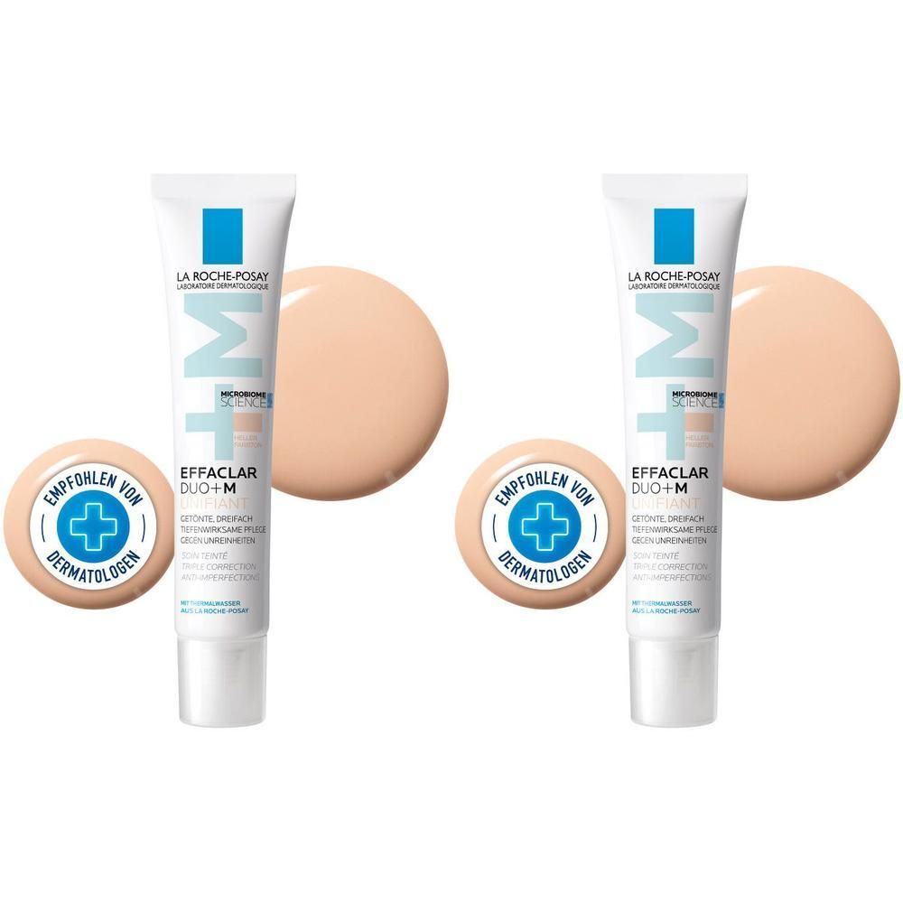Zwei Tuben La Roche-Posay Effaclar Duo+M Unifiant Creme hell, mit Farbklecksen und einem Logo "Empfohlen von Dermatologen".