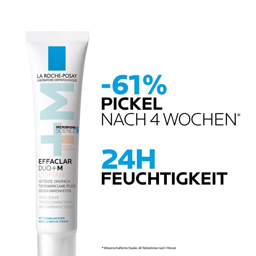 La Roche-Posay Effaclar Duo+M Unifiant Creme hell Tube. Text: -61% Pickel nach 4 Wochen, 24H Feuchtigkeit.