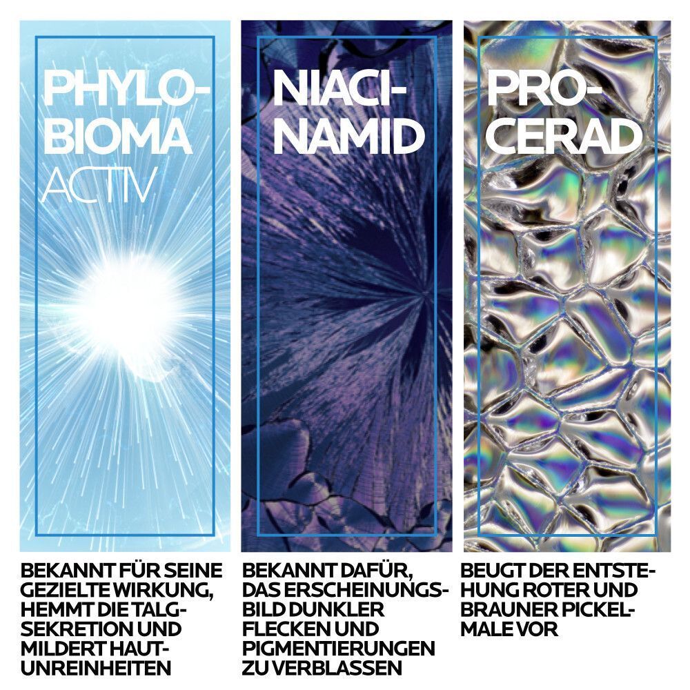Drei vertikale Tafeln mit Text: Phylobioma Activ, Niacinamid, Pro-Cerad. Beschreibungen der Inhaltsstoffe und deren Wirkung.