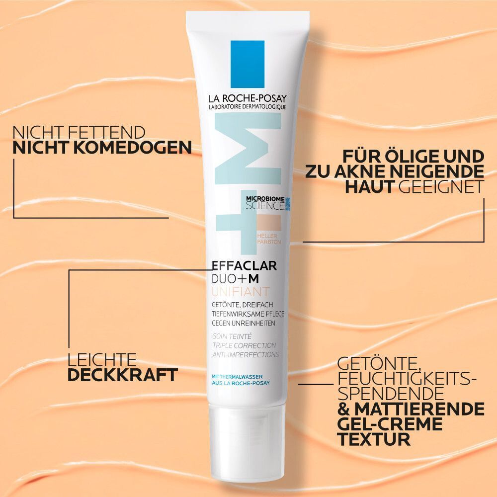La Roche-Posay Effaclar Duo+M Unifiant Creme hell Tube. Text: Nicht fettend, nicht komedogen, für ölige und zu Akne neigende Haut geeignet.