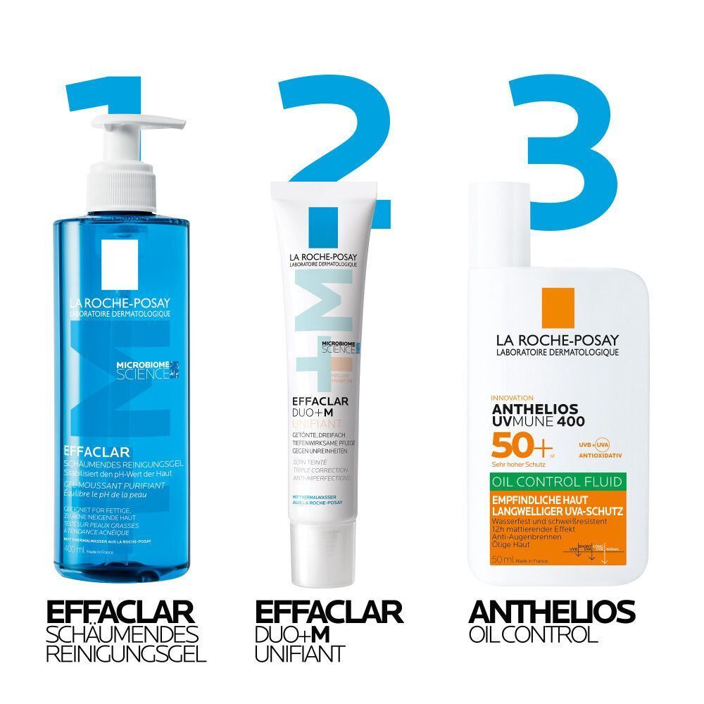 Drei Produkte: Effaclar Schaumendes Reinigungsgel, Effaclar Duo+M Unifiant Creme hell, Anthelios Oil Control Fluid 50+. Produkte nebeneinander.
