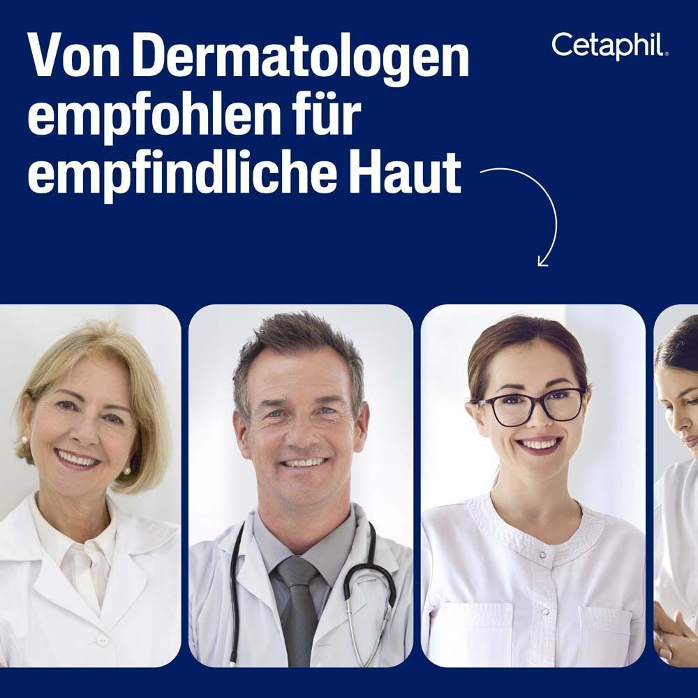 Ärzte. Text: Von Dermatologen empfohlen für empfindliche Haut. Vier Personen in weißen Kitteln.