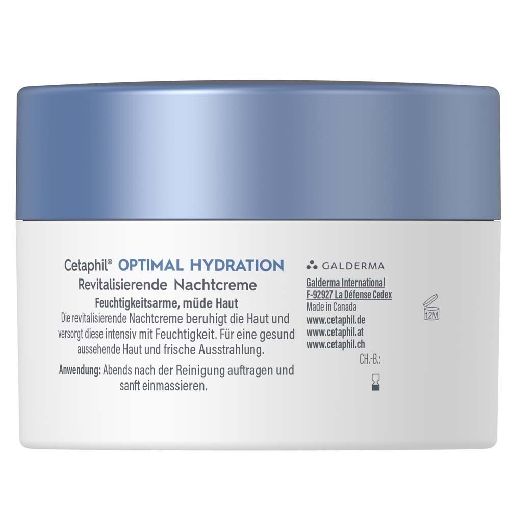 Rückseite Tiegel. Text: CETAPHIL Optimal Hydration Revitalisierende Nachtcreme. Galderma, Made in Canada.